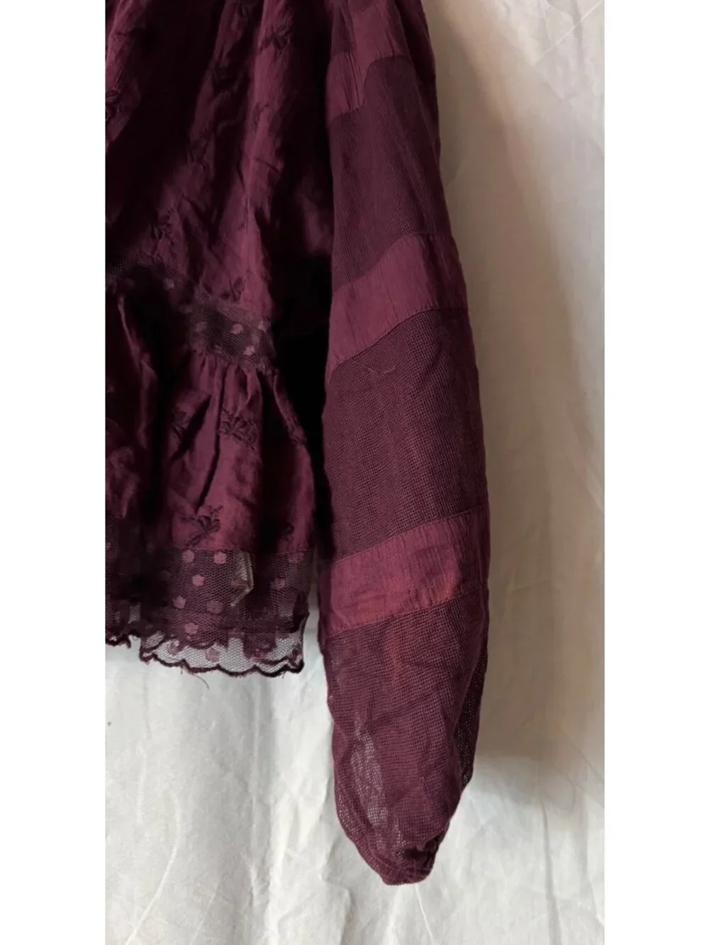 Free People Sheer Embroidered Boho Peplum Blouse With Lace Hem & V-Neck